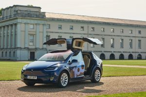 Tesla Model X electric car with doors open in Greenwich London