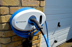Blue cabled Chargemaster tethered white homecharge unit
