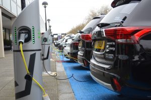 EV Electric vehicle fastcharge silver grey charging points lined up in Milton Keynes city centre